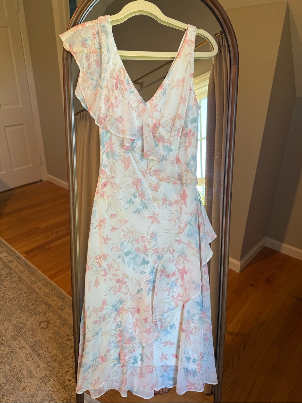 Ralph Lauren One-Shoulder Floral Midi Dress in White with Pink and Blue Print